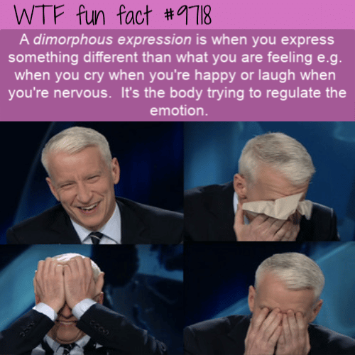 A dimorphous expression is when you express something different than what you are feeling e.g.  when you cry when you’re happy or laugh when  you’re nervous.  It’s the body trying to regulate the emotion.
