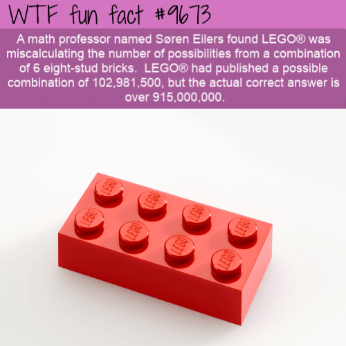 A math professor named Søren Eilers found LEGO® was miscalculating the number of possibilities from a combination of 6 eight-stud bricks.  LEGO® had published a possible combination of 102