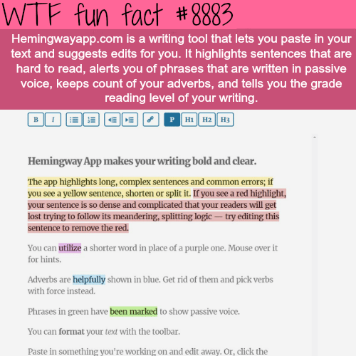 Best online writing tools Hemingwayapp.com - WTF fun facts