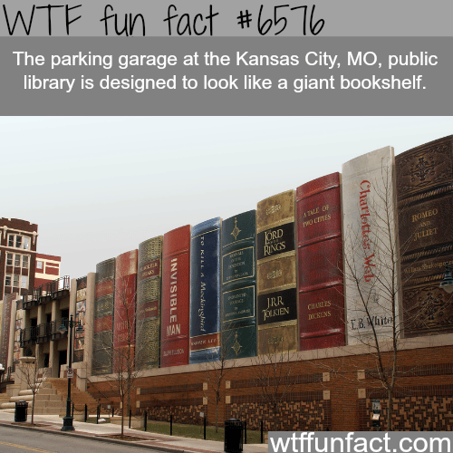 Garage of a public library in Kansas looks like a giant bookshelf 