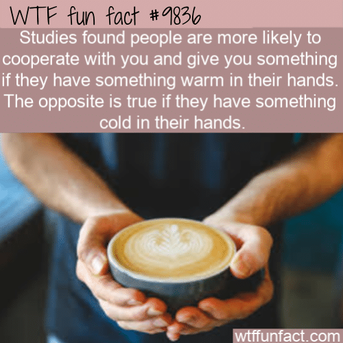 Studies found people are more likely to cooperate with you and give you something if they have something warm in their hands. The opposite is true if they have something cold in their hands.