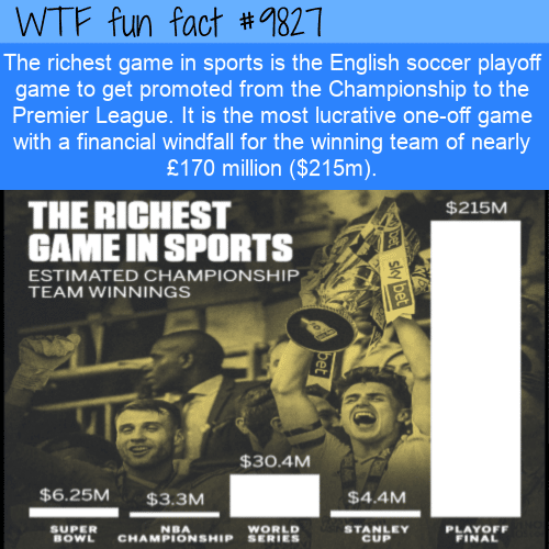 The richest game in sports is the English soccer playoff game to get promoted from the Championship to the Premier League. It is the most lucrative one-off game with a financial windfall for the winning team of nearly £170 million ($215m).