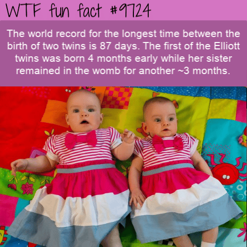 The world record for the longest time between the birth of two twins is 87 days. The first of the Elliott twins was born 4 months early while her sister remained in the womb for another ~3 months. 